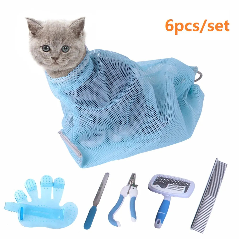 Mesh Cat Grooming Set Bathing Bag 6pcs/lot